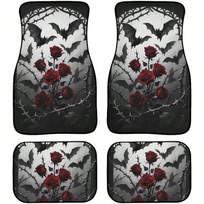 Gothic Rose Car Floor Mats Feature A Pattern Of Halloween Bats And Rose Thorns, Suitable For All Weather Conditions. These Mats Are Designed For The Front And Rear Seats Of Cars And Trucks, Showcasing