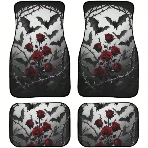 Gothic Rose Car Floor Mats Feature A Pattern Of Halloween Bats And Rose Thorns, Suitable For All Weather Conditions. These Mats Are Designed For The Front And Rear Seats Of Cars And Trucks, Showcasing