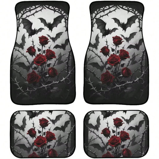 Gothic Rose Car Floor Mats Feature A Pattern Of Halloween Bats And Rose Thorns, Suitable For All Weather Conditions. These Mats Are Designed For The Front And Rear Seats Of Cars And Trucks, Showcasing