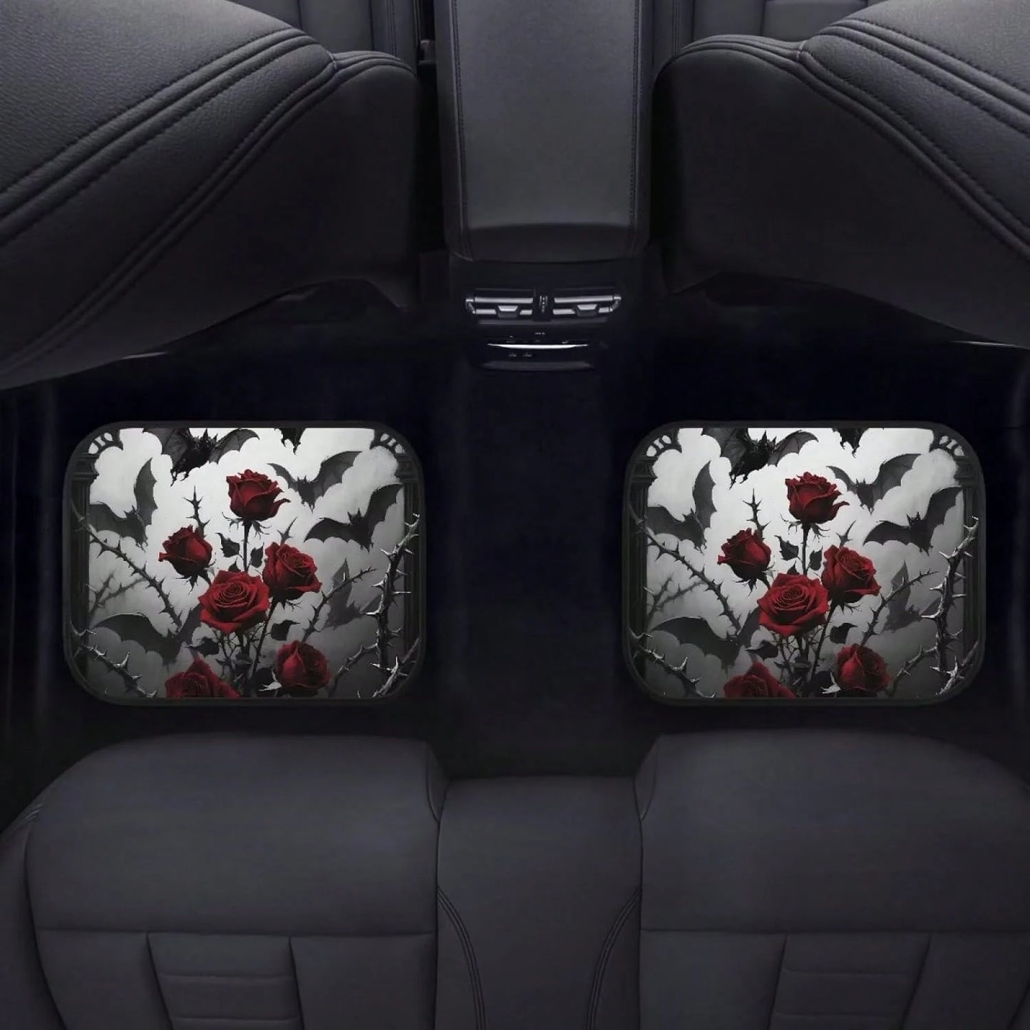 Gothic Rose Car Floor Mats Feature A Pattern Of Halloween Bats And Rose Thorns, Suitable For All Weather Conditions. These Mats Are Designed For The Front And Rear Seats Of Cars And Trucks, Showcasing