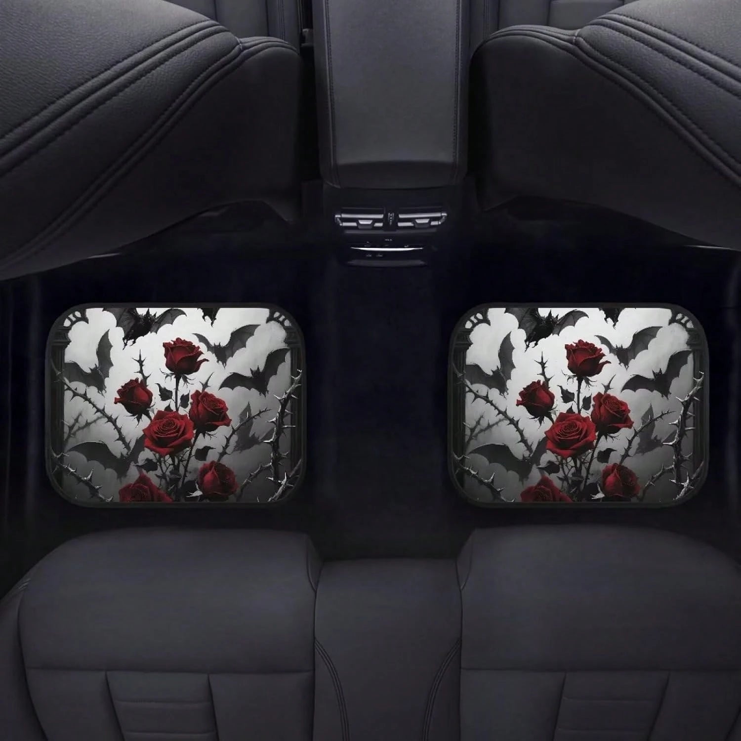 Gothic Rose Car Floor Mats Feature A Pattern Of Halloween Bats And Rose Thorns, Suitable For All Weather Conditions. These Mats Are Designed For The Front And Rear Seats Of Cars And Trucks, Showcasing