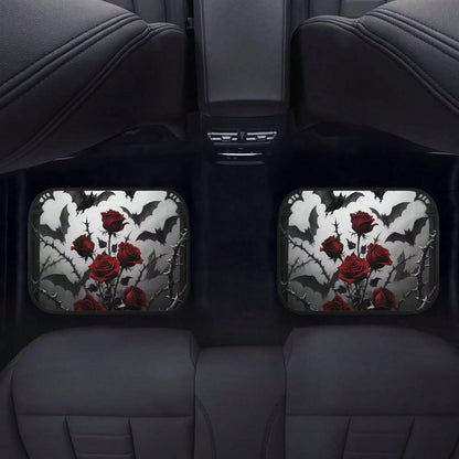 Gothic Rose Car Floor Mats Feature A Pattern Of Halloween Bats And Rose Thorns, Suitable For All Weather Conditions. These Mats Are Designed For The Front And Rear Seats Of Cars And Trucks, Showcasing
