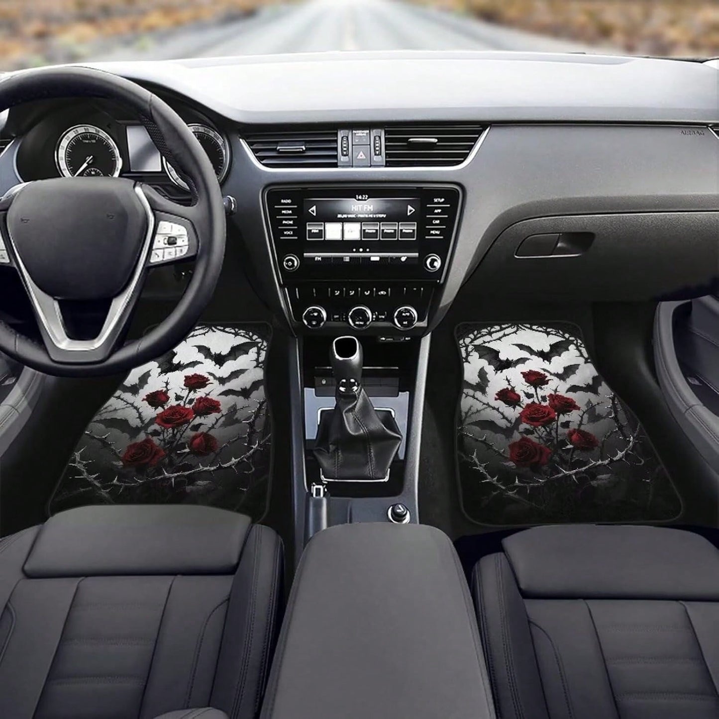 Gothic Rose Car Floor Mats Feature A Pattern Of Halloween Bats And Rose Thorns, Suitable For All Weather Conditions. These Mats Are Designed For The Front And Rear Seats Of Cars And Trucks, Showcasing