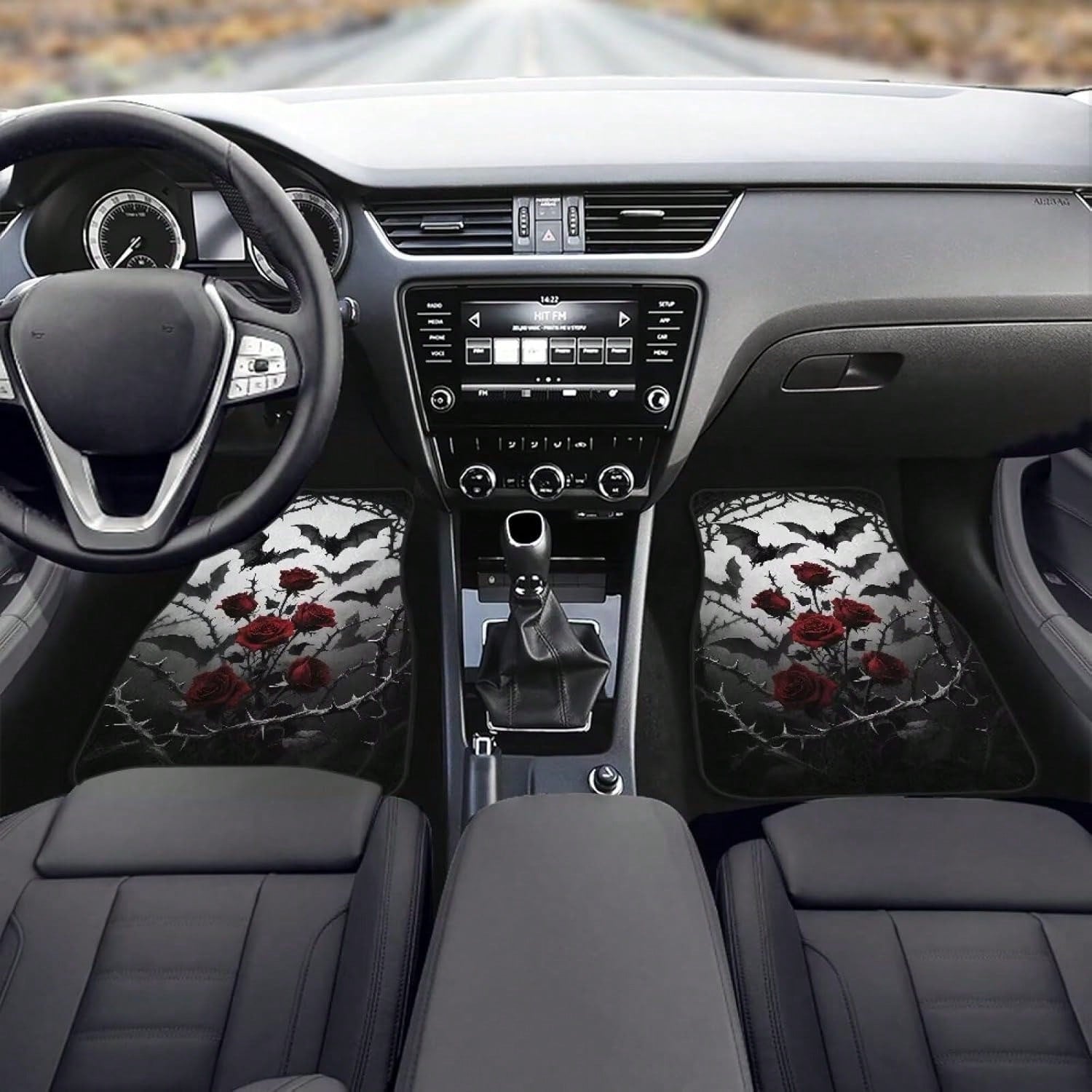Gothic Rose Car Floor Mats Feature A Pattern Of Halloween Bats And Rose Thorns, Suitable For All Weather Conditions. These Mats Are Designed For The Front And Rear Seats Of Cars And Trucks, Showcasing