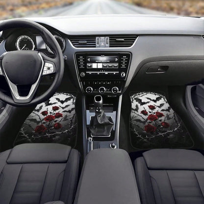 Gothic Rose Car Floor Mats Feature A Pattern Of Halloween Bats And Rose Thorns, Suitable For All Weather Conditions. These Mats Are Designed For The Front And Rear Seats Of Cars And Trucks, Showcasing