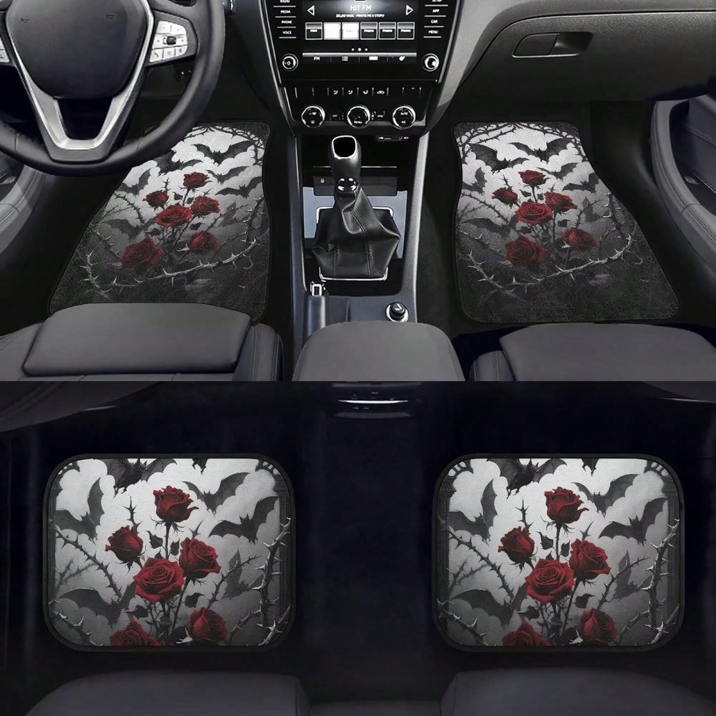 Gothic Rose Car Floor Mats Feature A Pattern Of Halloween Bats And Rose Thorns, Suitable For All Weather Conditions. These Mats Are Designed For The Front And Rear Seats Of Cars And Trucks, Showcasing