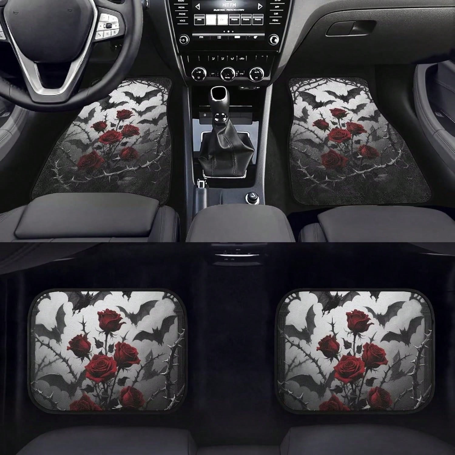 Gothic Rose Car Floor Mats Feature A Pattern Of Halloween Bats And Rose Thorns, Suitable For All Weather Conditions. These Mats Are Designed For The Front And Rear Seats Of Cars And Trucks, Showcasing