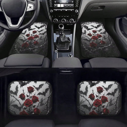 Gothic Rose Car Floor Mats Feature A Pattern Of Halloween Bats And Rose Thorns, Suitable For All Weather Conditions. These Mats Are Designed For The Front And Rear Seats Of Cars And Trucks, Showcasing