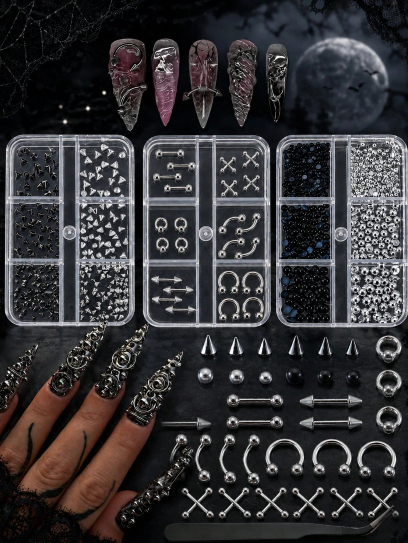 Gothic Style Nail Art Decoration Set, Black And Silver Metal Rivet Beads, Spikes, Cross Pendant DIY 3D Nail Decoration Set With Storage Box