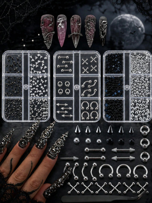 Gothic Style Nail Art Decoration Set, Black And Silver Metal Rivet Beads, Spikes, Cross Pendant DIY 3D Nail Decoration Set With Storage Box