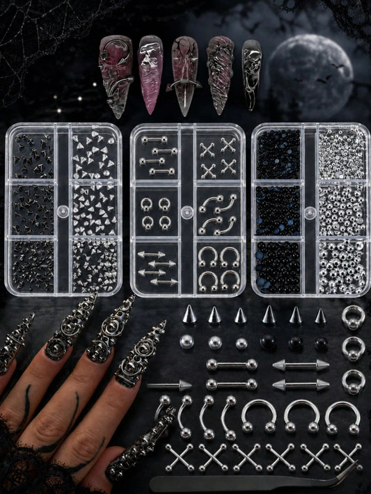 Gothic Style Nail Art Decoration Set, Black And Silver Metal Rivet Beads, Spikes, Cross Pendant DIY 3D Nail Decoration Set With Storage Box