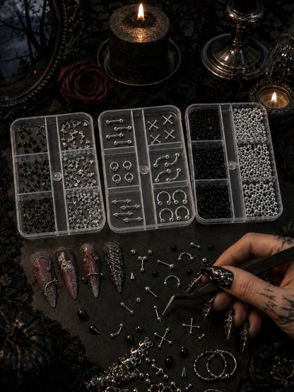 Gothic Style Nail Art Decoration Set, Black And Silver Metal Rivet Beads, Spikes, Cross Pendant DIY 3D Nail Decoration Set With Storage Box