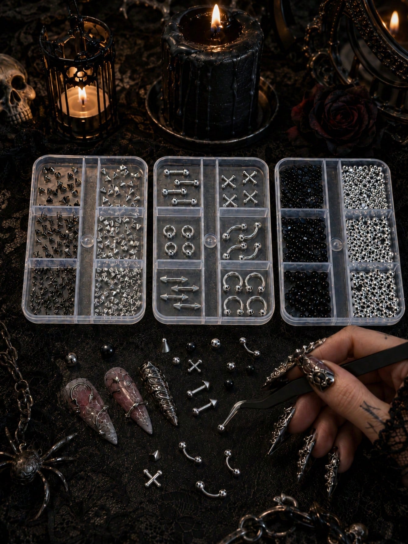 Gothic Style Nail Art Decoration Set, Black And Silver Metal Rivet Beads, Spikes, Cross Pendant DIY 3D Nail Decoration Set With Storage Box