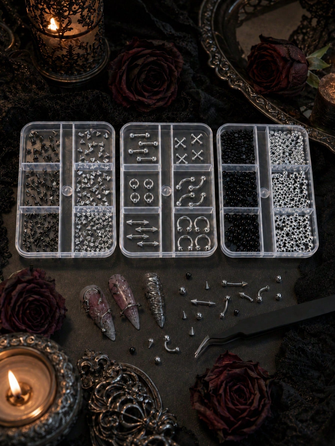 Gothic Style Nail Art Decoration Set, Black And Silver Metal Rivet Beads, Spikes, Cross Pendant DIY 3D Nail Decoration Set With Storage Box