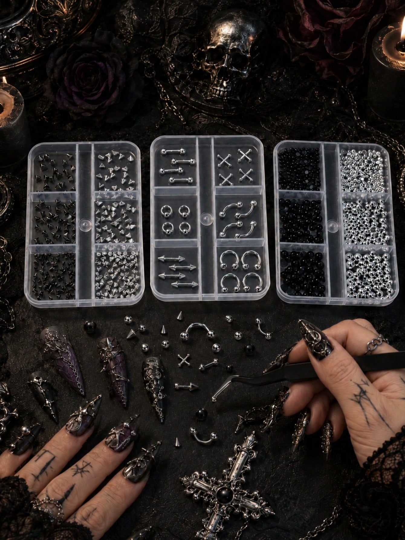 Gothic Style Nail Art Decoration Set, Black And Silver Metal Rivet Beads, Spikes, Cross Pendant DIY 3D Nail Decoration Set With Storage Box