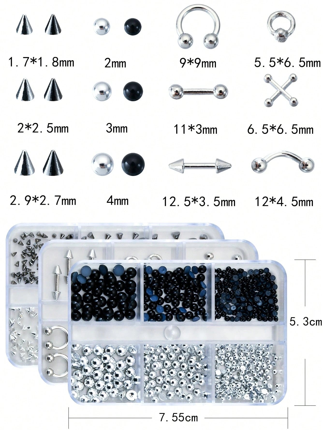 Gothic Style Nail Art Decoration Set, Black And Silver Metal Rivet Beads, Spikes, Cross Pendant DIY 3D Nail Decoration Set With Storage Box