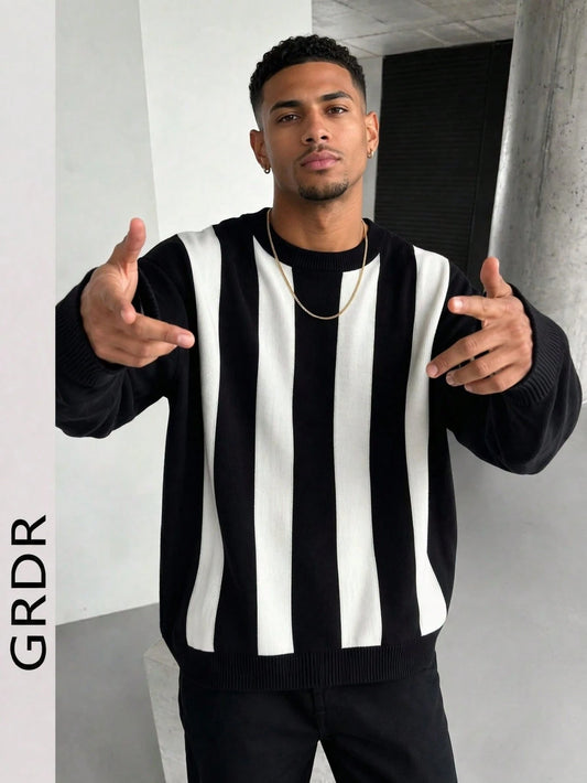 GRDR 1pc Men's Casual Striped Knit Sweater, Autumn/Winter