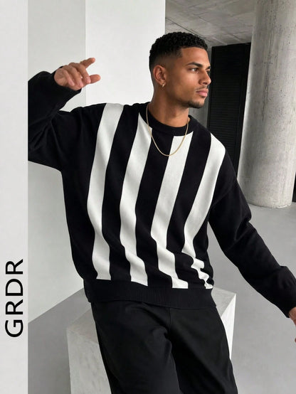 GRDR 1pc Men's Casual Striped Knit Sweater, Autumn/Winter