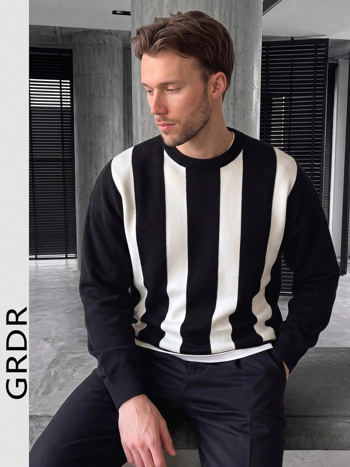 GRDR 1pc Men's Casual Striped Knit Sweater, Autumn/Winter