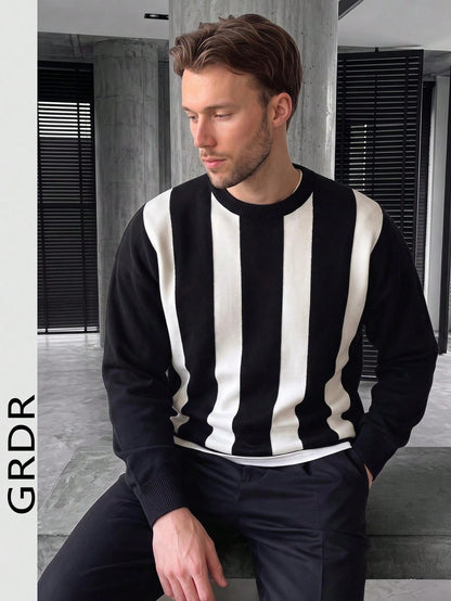 GRDR 1pc Men's Casual Striped Knit Sweater, Autumn/Winter