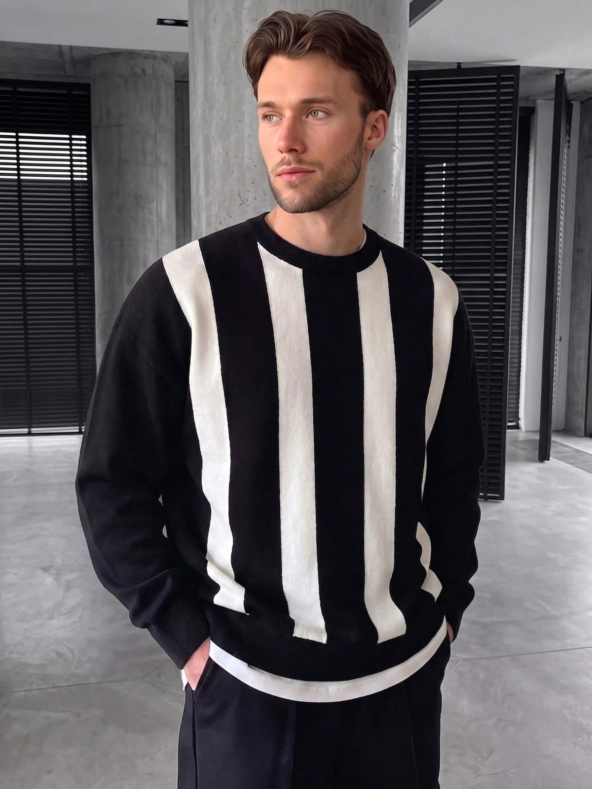 GRDR 1pc Men's Casual Striped Knit Sweater, Autumn/Winter