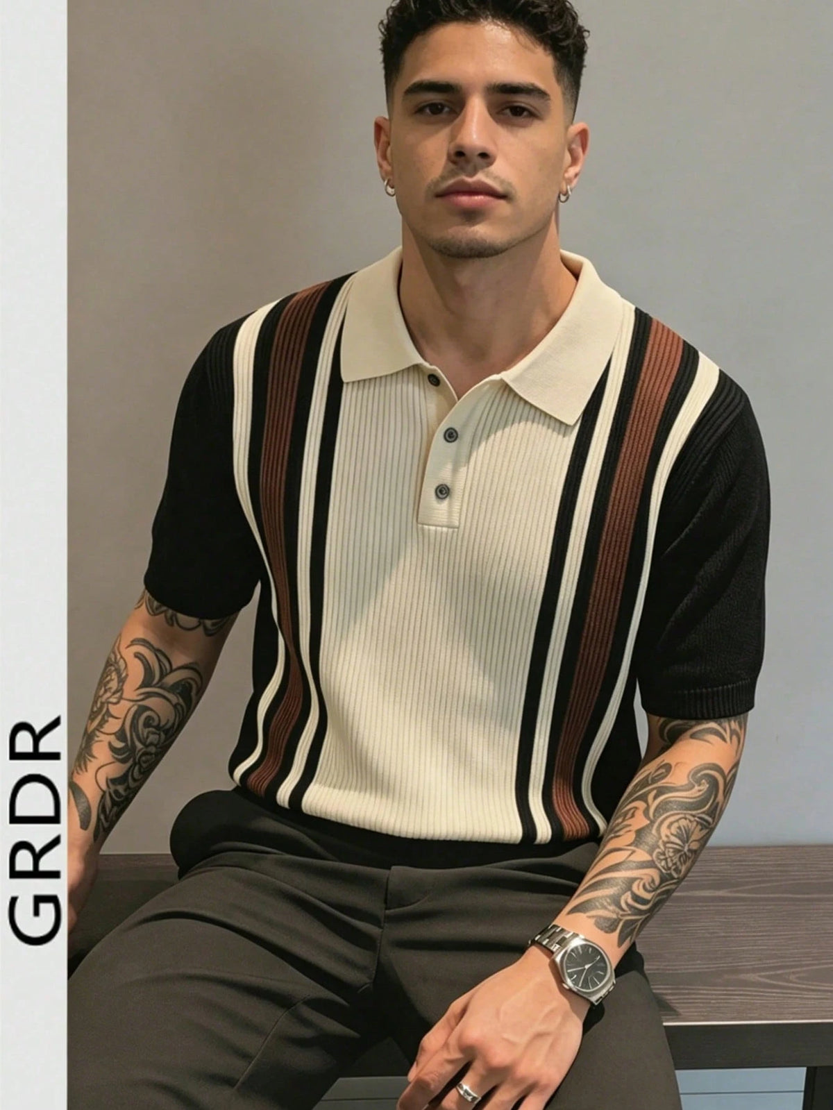 GRDR Men's Polo Collar Striped Casual Minimalist Stylish Knit Short Sleeve T-Shirt- Comfortable For Daily Outings And Activities
