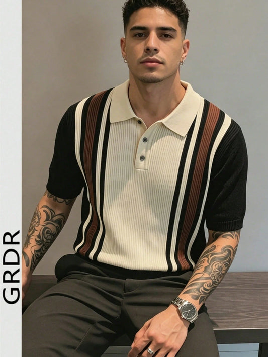 GRDR Men's Polo Collar Striped Casual Minimalist Stylish Knit Short Sleeve T-Shirt- Comfortable For Daily Outings And Activities