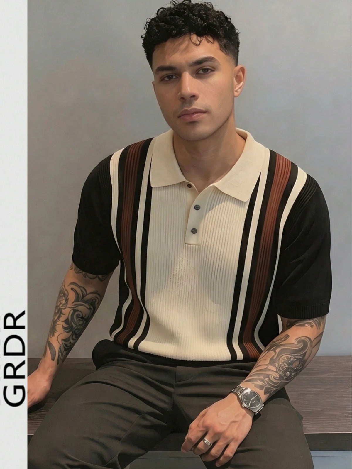 GRDR Men's Polo Collar Striped Casual Minimalist Stylish Knit Short Sleeve T-Shirt- Comfortable For Daily Outings And Activities