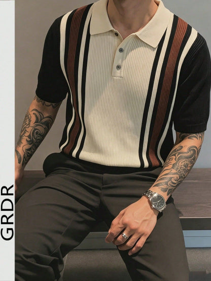 GRDR Men's Polo Collar Striped Casual Minimalist Stylish Knit Short Sleeve T-Shirt- Comfortable For Daily Outings And Activities