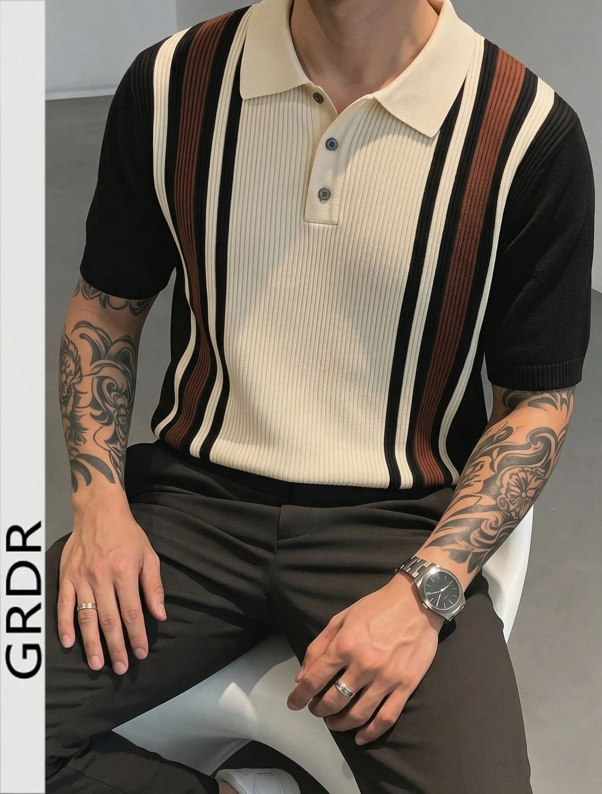 GRDR Men's Polo Collar Striped Casual Minimalist Stylish Knit Short Sleeve T-Shirt- Comfortable For Daily Outings And Activities