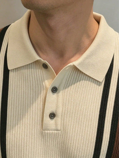 GRDR Men's Polo Collar Striped Casual Minimalist Stylish Knit Short Sleeve T-Shirt- Comfortable For Daily Outings And Activities