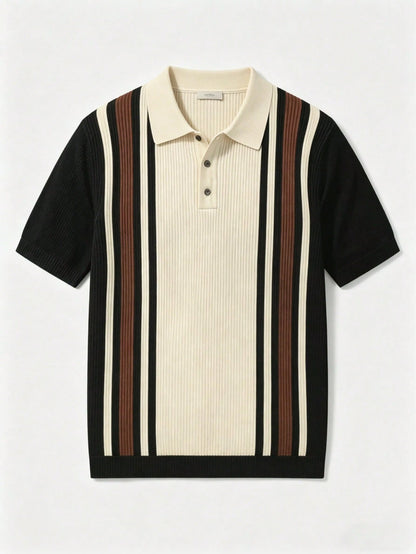 GRDR Men's Polo Collar Striped Casual Minimalist Stylish Knit Short Sleeve T-Shirt- Comfortable For Daily Outings And Activities