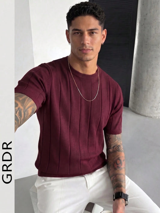 GRDR Men's Thin Summer Knit Solid Color Ribbed Short Sleeve, Sports Casual, Suitable For Outdoor Sports