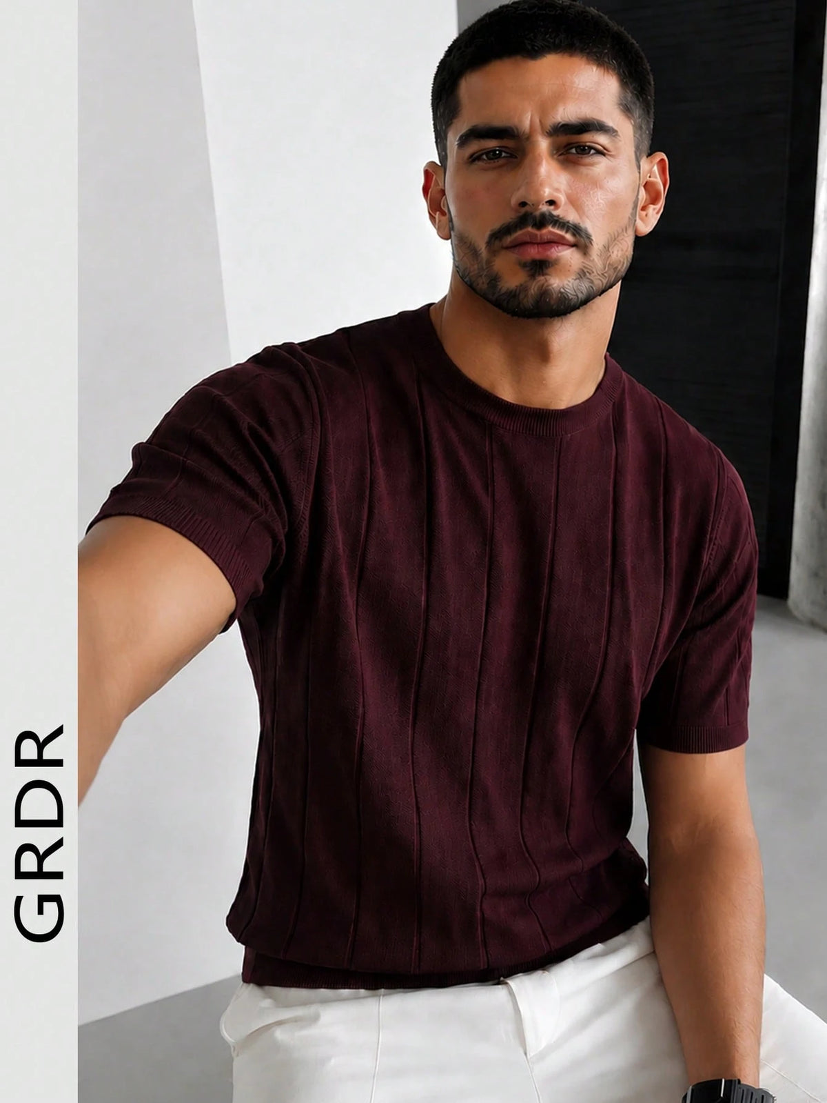 GRDR Men's Thin Summer Knit Solid Color Ribbed Short Sleeve, Sports Casual, Suitable For Outdoor Sports