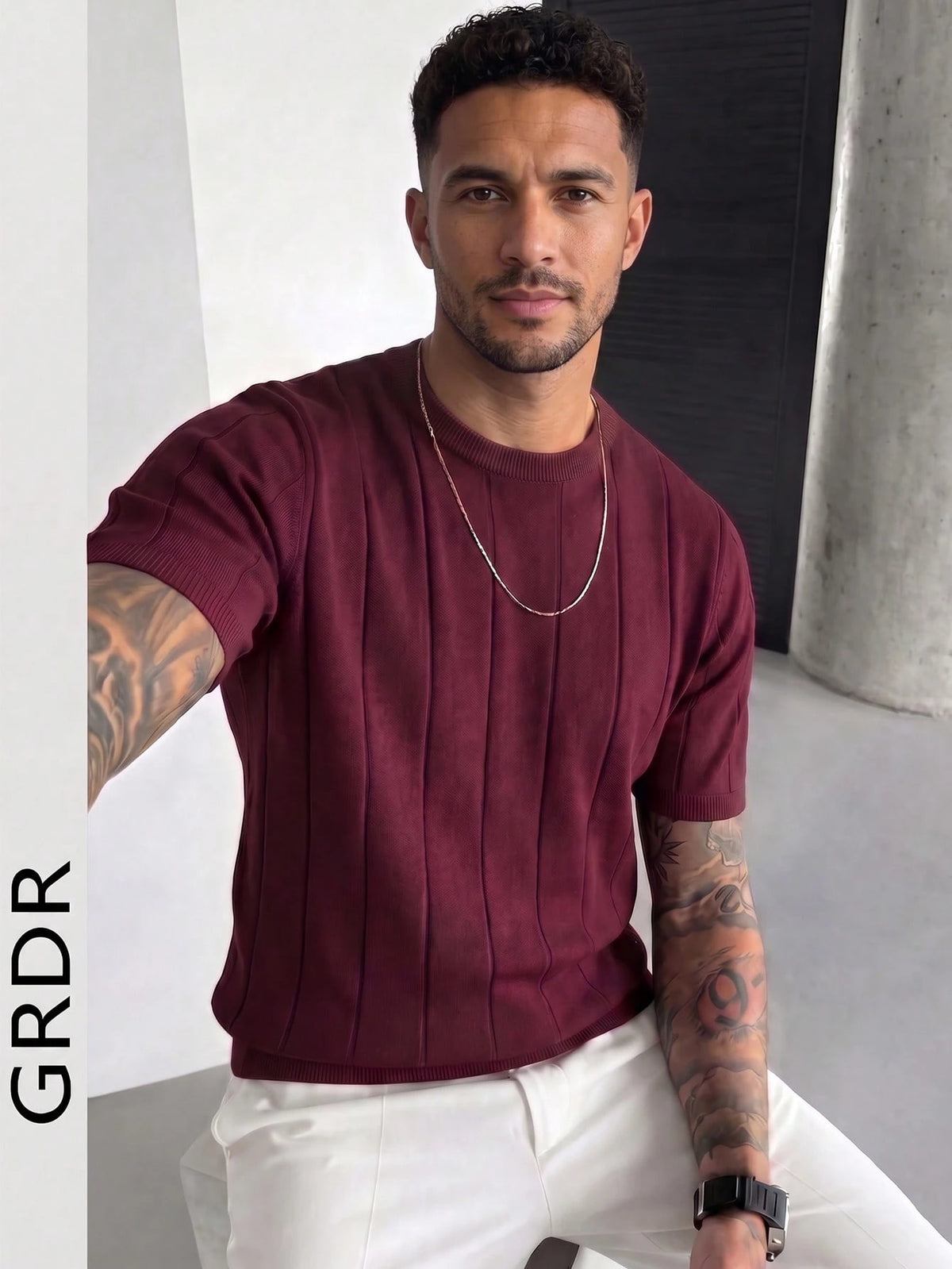 GRDR Men's Thin Summer Knit Solid Color Ribbed Short Sleeve, Sports Casual, Suitable For Outdoor Sports