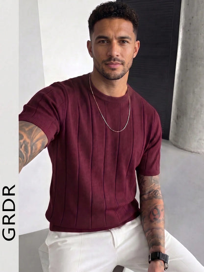 GRDR Men's Thin Summer Knit Solid Color Ribbed Short Sleeve, Sports Casual, Suitable For Outdoor Sports