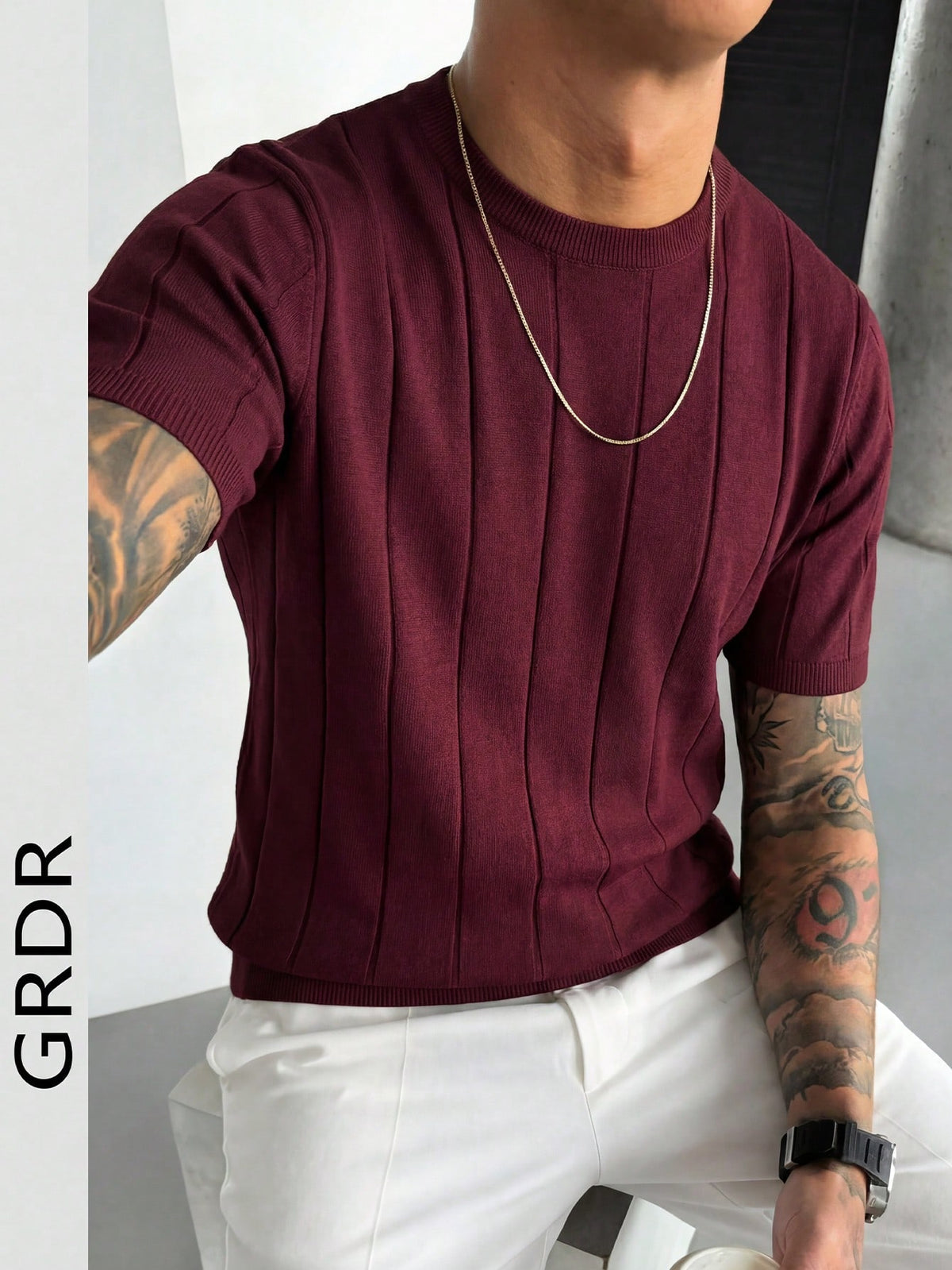 GRDR Men's Thin Summer Knit Solid Color Ribbed Short Sleeve, Sports Casual, Suitable For Outdoor Sports