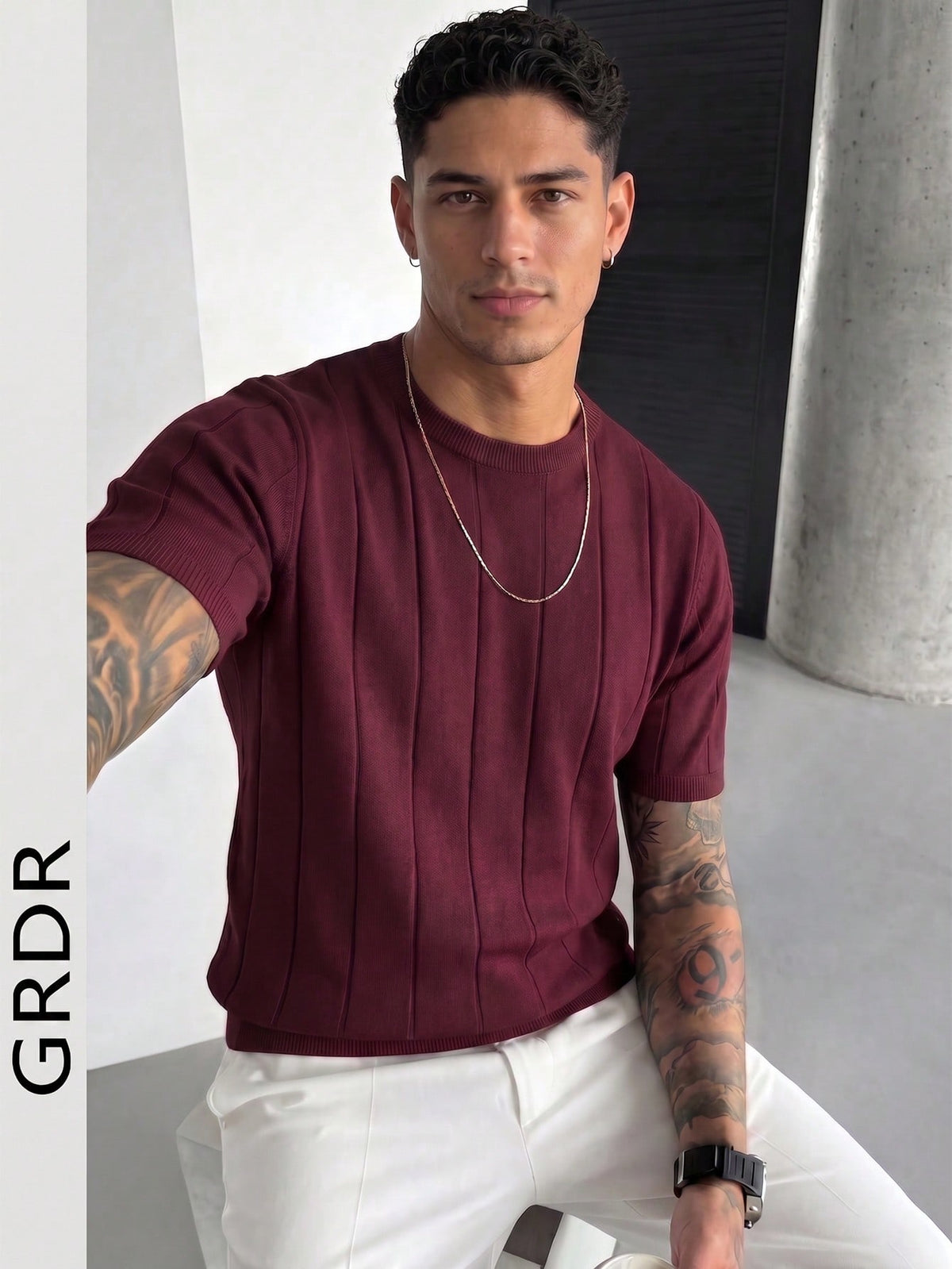 GRDR Men's Thin Summer Knit Solid Color Ribbed Short Sleeve, Sports Casual, Suitable For Outdoor Sports