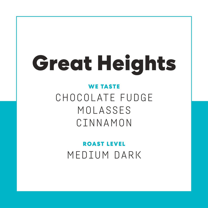 Front page of Great Heights packaging with bold title and teal border