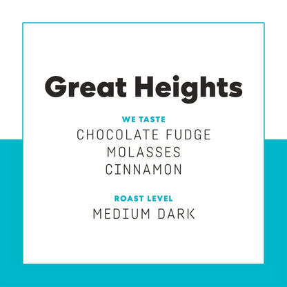 Front page of Great Heights packaging with bold title and teal border