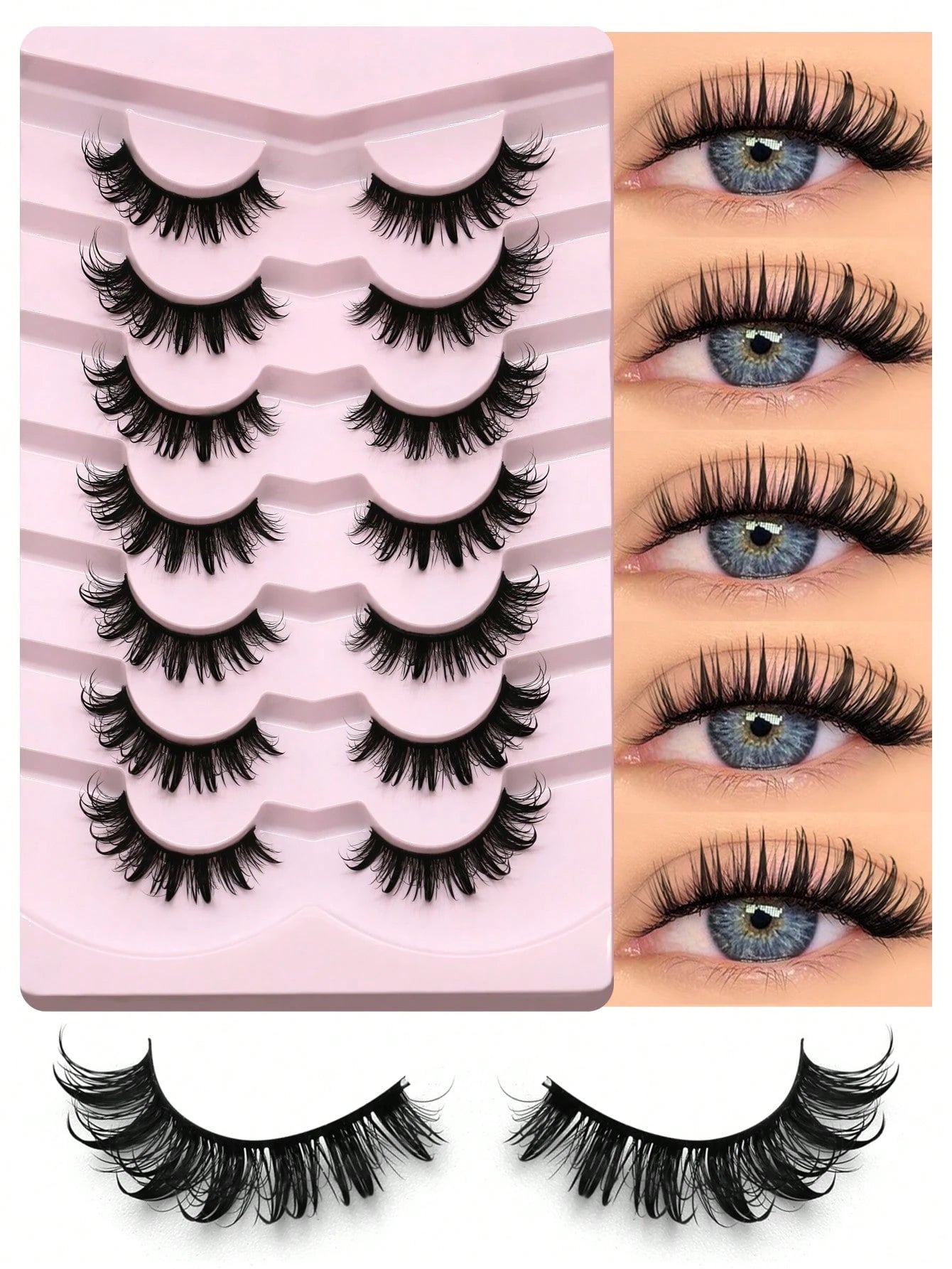 GROINNEYA 7 Pairs Comfortable Cat Eye False Eyelashes, Fluffy Soft Faux Mink Lashes 15mm Long, Natural & Thick Full Strip Lashes Suitable For Various Eye Shapes, Reusable, Ideal For Parties