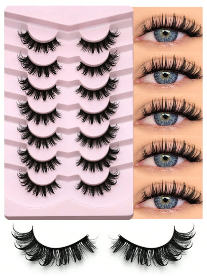 GROINNEYA 7 Pairs Comfortable Cat Eye False Eyelashes, Fluffy Soft Faux Mink Lashes 15mm Long, Natural & Thick Full Strip Lashes Suitable For Various Eye Shapes, Reusable, Ideal For Parties