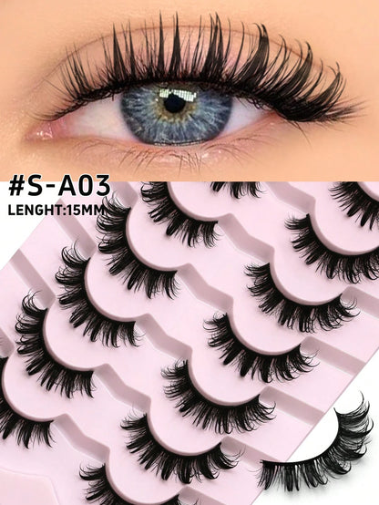 GROINNEYA 7 Pairs Comfortable Cat Eye False Eyelashes, Fluffy Soft Faux Mink Lashes 15mm Long, Natural & Thick Full Strip Lashes Suitable For Various Eye Shapes, Reusable, Ideal For Parties
