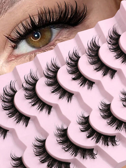 GROINNEYA 7 Pairs Comfortable Cat Eye False Eyelashes, Fluffy Soft Faux Mink Lashes 15mm Long, Natural & Thick Full Strip Lashes Suitable For Various Eye Shapes, Reusable, Ideal For Parties