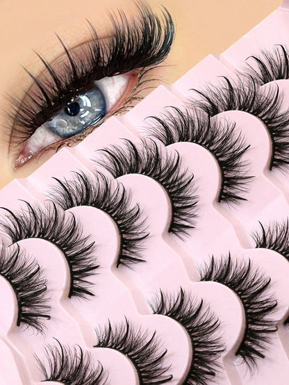 GROINNEYA 7 Pairs Comfortable Cat Eye False Eyelashes, Fluffy Soft Faux Mink Lashes 15mm Long, Natural & Thick Full Strip Lashes Suitable For Various Eye Shapes, Reusable, Ideal For Parties