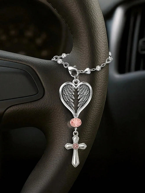 Guardian Heart Wing Cross Charm- Car/Steering Wheel/Handbag Pendant Silver Tone With Pink Crystal Elegant Decor For Auto Interior & Bag Accessory