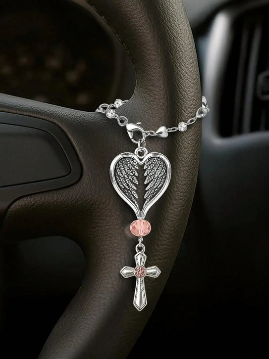 Guardian Heart Wing Cross Charm- Car/Steering Wheel/Handbag Pendant Silver Tone With Pink Crystal Elegant Decor For Auto Interior & Bag Accessory