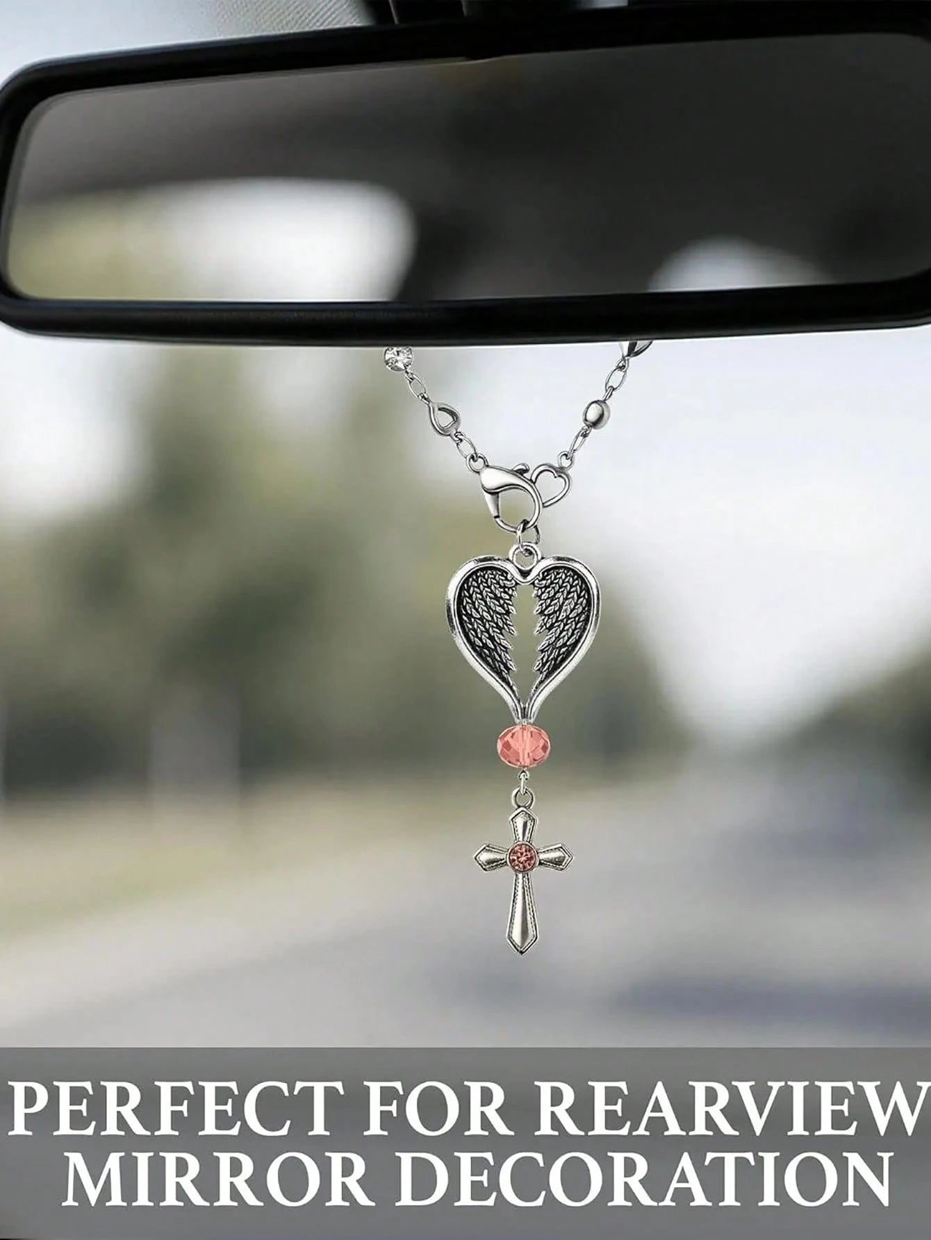 Guardian Heart Wing Cross Charm- Car/Steering Wheel/Handbag Pendant Silver Tone With Pink Crystal Elegant Decor For Auto Interior & Bag Accessory