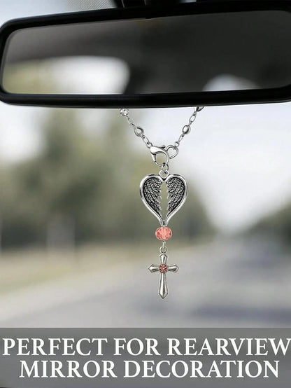 Guardian Heart Wing Cross Charm- Car/Steering Wheel/Handbag Pendant Silver Tone With Pink Crystal Elegant Decor For Auto Interior & Bag Accessory