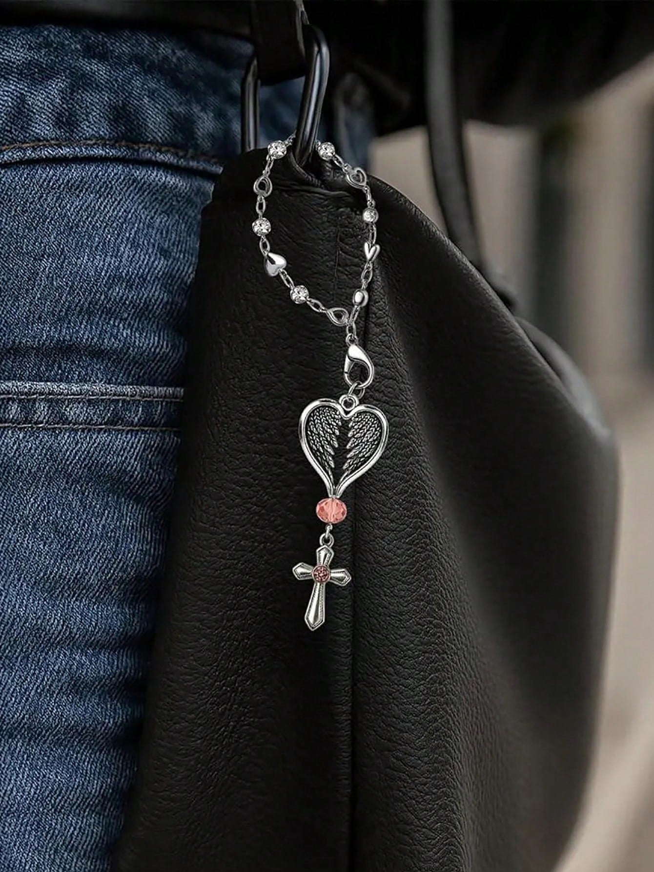 Guardian Heart Wing Cross Charm- Car/Steering Wheel/Handbag Pendant Silver Tone With Pink Crystal Elegant Decor For Auto Interior & Bag Accessory